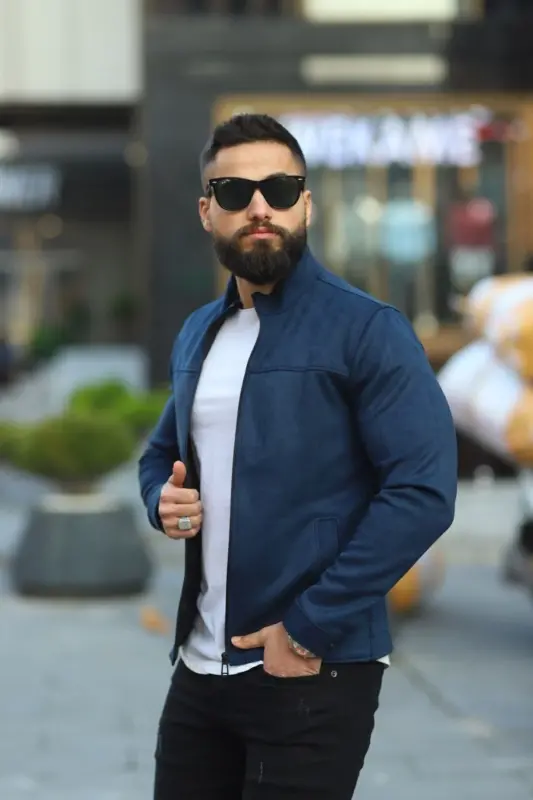 Men's Navy Suede Spring Jacket-Navy - 3