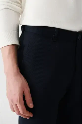 Men's Navy Suit Pants with Side Pockets, Elastic Waist, Gofre Fabric, Slim Fit A32y3222 - 6