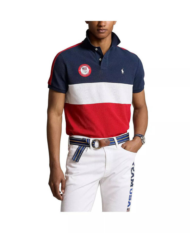 Men's Navy Team USA 2024 Summer Olympics Villagewear Performance Mesh Colorblock Polo Navy, White - 3