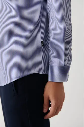 Men's Navy Travel Unisex Shirt Buttoned Collar Striped Easy Care Slim Fit A32y2095 - 4