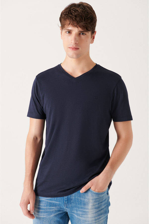 Men's Navy Ultrasoft V-Neck Plain Regular Fit Modal T-Shirt B001173 - 11