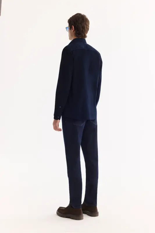 Men's Navy Unisex Shirt Buttoned Collar Ribbed Velvet 100% Cotton Regular Fit B002032 - 4