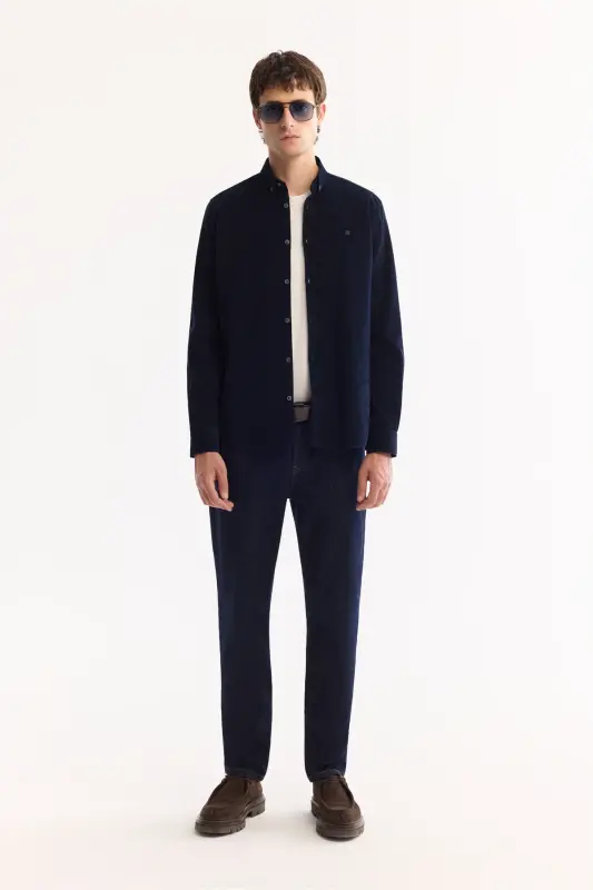 Men's Navy Unisex Shirt Buttoned Collar Ribbed Velvet 100% Cotton Regular Fit B002032 - 6