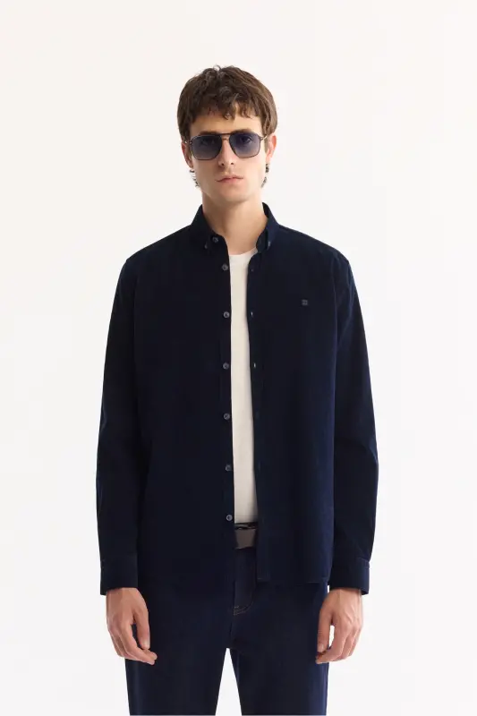 Men's Navy Unisex Shirt Buttoned Collar Ribbed Velvet 100% Cotton Regular Fit B002032 - AVVA