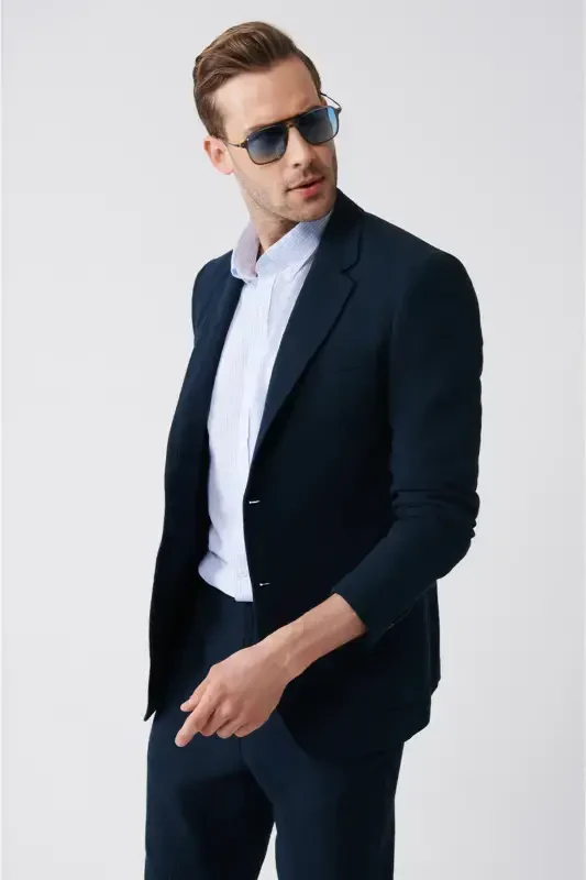 Men's Navy Unlined Wool Blend Double Slit Jacket A31y4009-Navy - AVVA