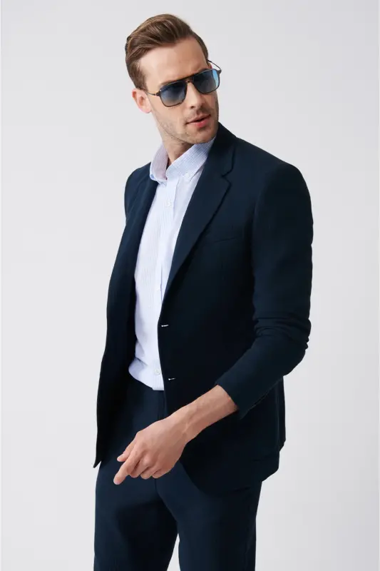 Men's Navy Unlined Wool Blend Double Slit Jacket A31y4009-Navy - AVVA