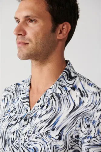 Men's Navy Viscose Cuban Collar Abstract Pattern Short Sleeve Regular Fit Shirt A31y2178 - AVVA (1)