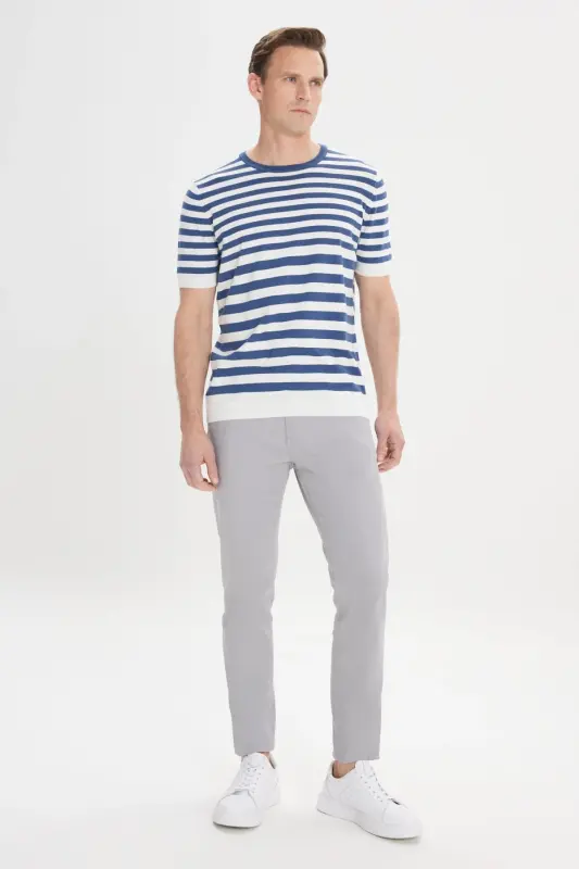 Men's Navy-White Slim Fit Narrow Cut 100% Cotton - 2