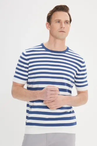 Men's Navy-White Slim Fit Narrow Cut 100% Cotton - 4