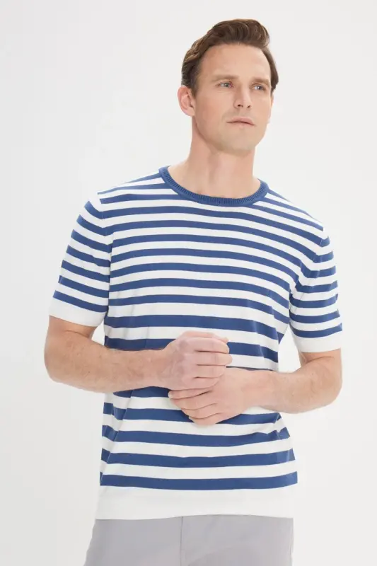 Men's Navy-White Slim Fit Narrow Cut 100% Cotton - 4