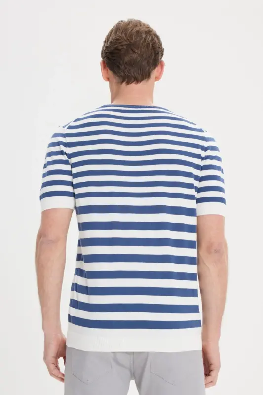 Men's Navy-White Slim Fit Narrow Cut 100% Cotton - 6