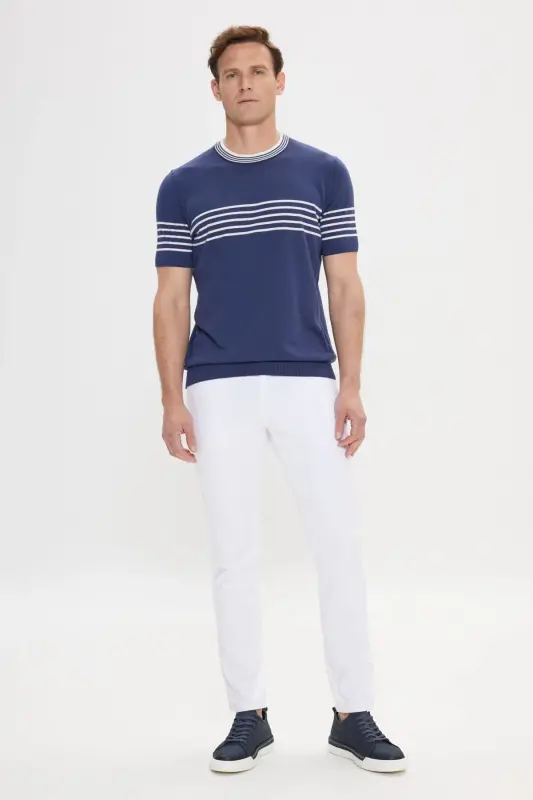 Men's Navy-White Standard Fit Regular Fit 100% Cotton Striped Crew Neck Knitted T-Shirt-Navy - 2