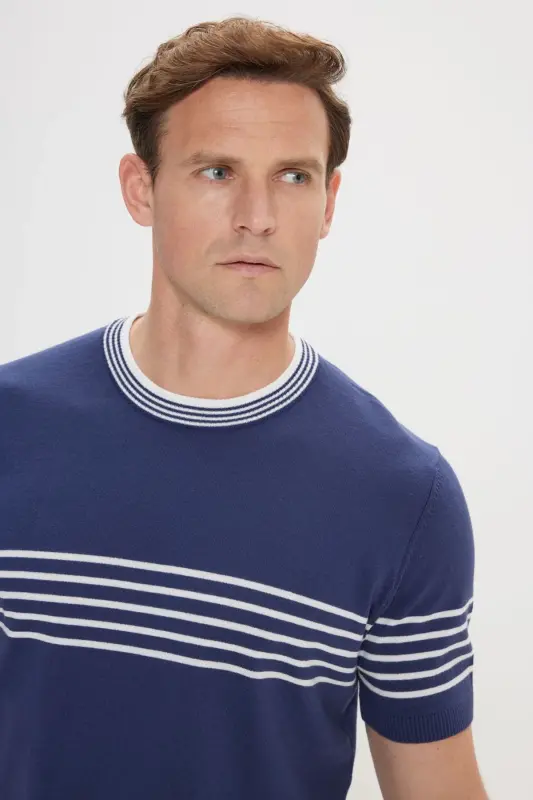 Men's Navy-White Standard Fit Regular Fit 100% Cotton Striped Crew Neck Knitted T-Shirt-Navy - 3