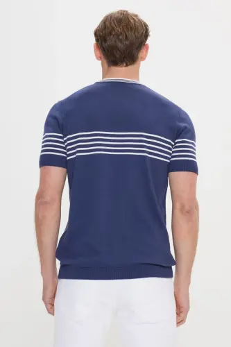 Men's Navy-White Standard Fit Regular Fit 100% Cotton Striped Crew Neck Knitted T-Shirt-Navy - 4