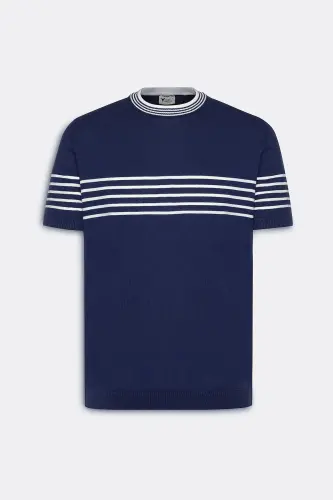 Men's Navy-White Standard Fit Regular Fit 100% Cotton Striped Crew Neck Knitted T-Shirt-Navy - 5