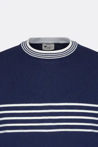 Men's Navy-White Standard Fit Regular Fit 100% Cotton Striped Crew Neck Knitted T-Shirt-Navy - 6