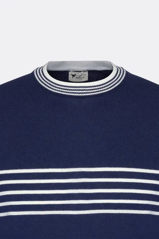 Men's Navy-White Standard Fit Regular Fit 100% Cotton Striped Crew Neck Knitted T-Shirt-Navy - 6