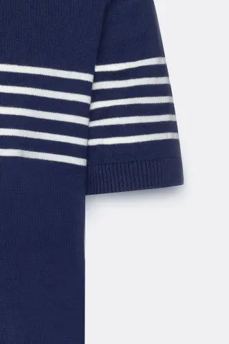 Men's Navy-White Standard Fit Regular Fit 100% Cotton Striped Crew Neck Knitted T-Shirt-Navy - 7