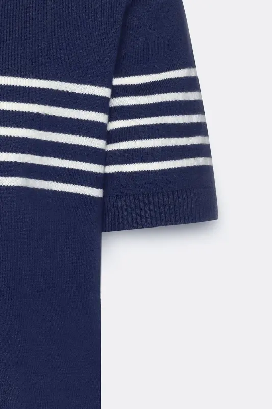 Men's Navy-White Standard Fit Regular Fit 100% Cotton Striped Crew Neck Knitted T-Shirt-Navy - 7