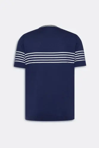 Men's Navy-White Standard Fit Regular Fit 100% Cotton Striped Crew Neck Knitted T-Shirt-Navy - 8