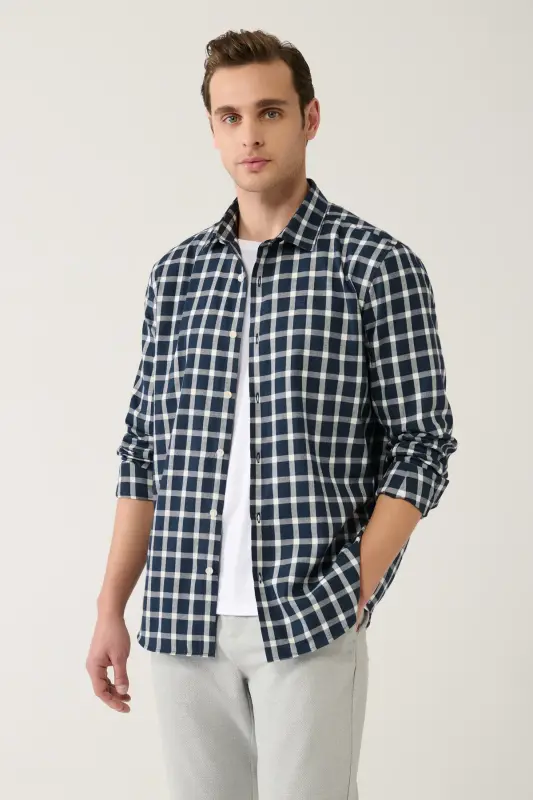 Men's Navy-White Unisex Lumberjack Shirt Classic Collar 100% Cotton Plaid Flannel Comfort Fit A32y2158 - AVVA