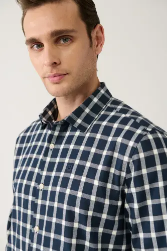 Men's Navy-White Unisex Lumberjack Shirt Classic Collar 100% Cotton Plaid Flannel Comfort Fit A32y2158 - AVVA (1)