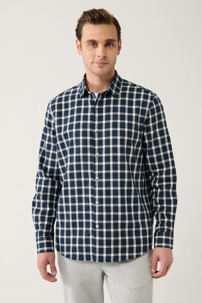 Men's Navy-White Unisex Lumberjack Shirt Classic Collar 100% Cotton Plaid Flannel Comfort Fit A32y2158 - 13