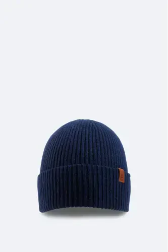 Men's Navy Wool Logo Ribbed Beanie B009200-Navy - 1