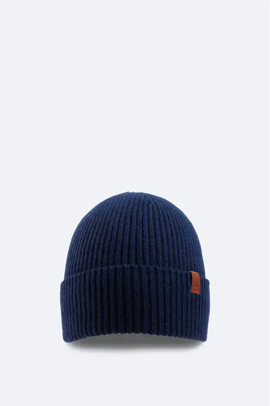 Men's Navy Wool Logo Ribbed Beanie B009200-Navy - AVVA
