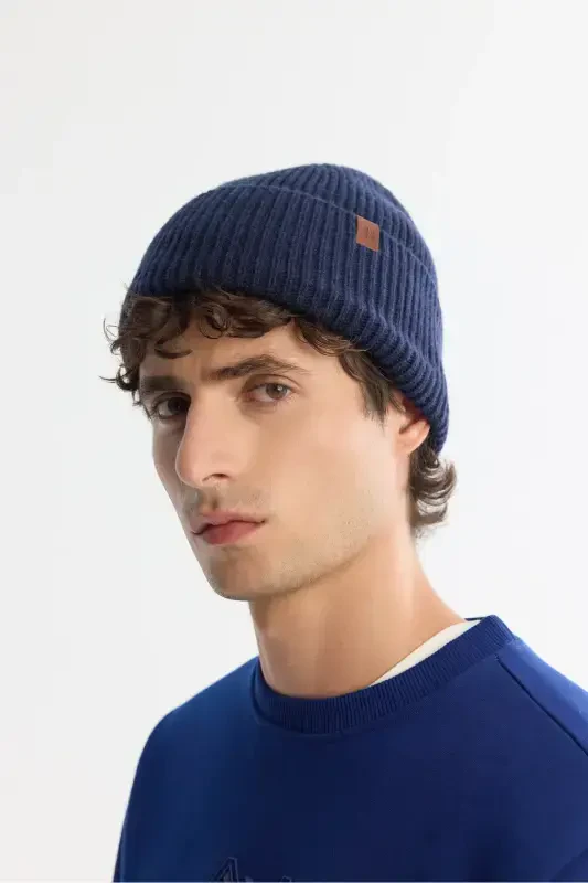 Men's Navy Wool Logo Ribbed Beanie B009200-Navy - 2