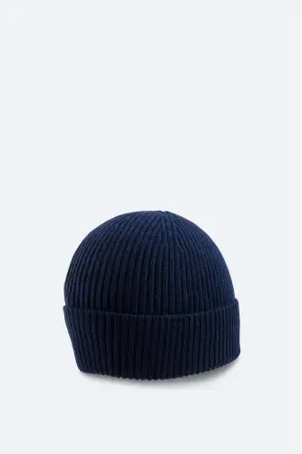 Men's Navy Wool Logo Ribbed Beanie B009200-Navy - 3