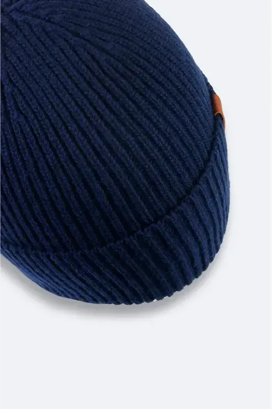 Men's Navy Wool Logo Ribbed Beanie B009200-Navy - 4
