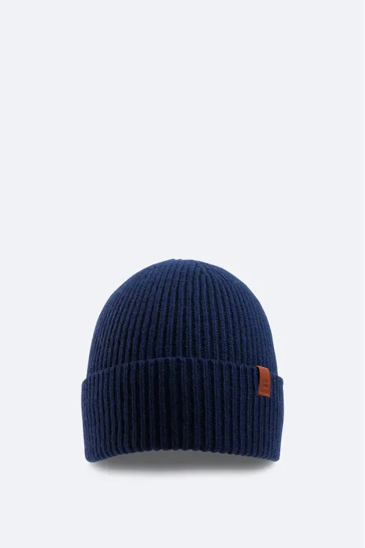 Men's Navy Wool Logo Ribbed Beanie B009200-Navy - 1