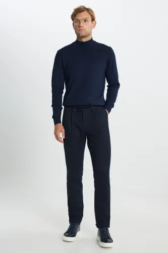 Men's Navy Wool Slim Fit Narrow Cut Tie at the Waist - ALTINYILDIZ CLASSICS (1)