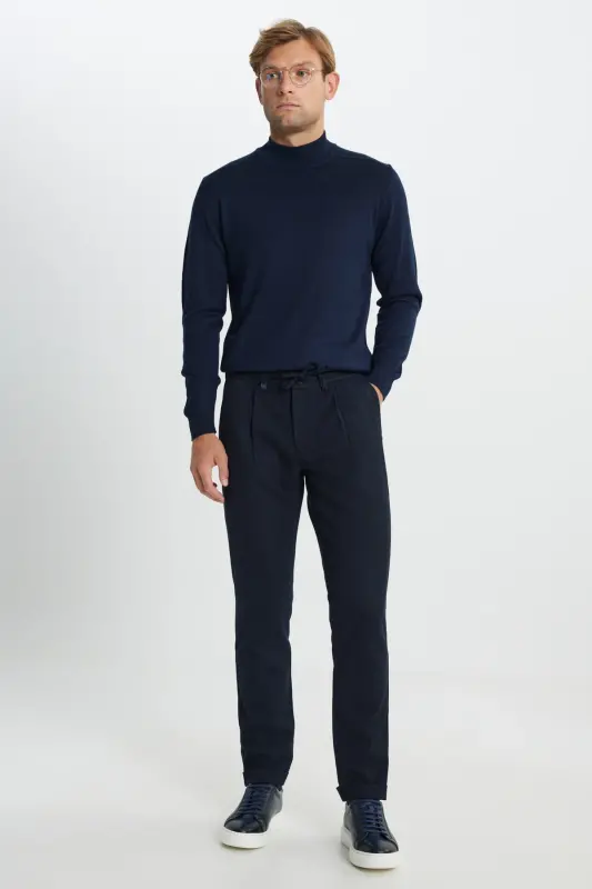 Men's Navy Wool Slim Fit Narrow Cut Tie at the Waist - 2