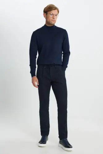 Men's Navy Wool Slim Fit Narrow Cut Tie at the Waist - 3