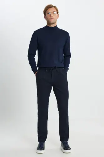 Men's Navy Wool Slim Fit Narrow Cut Tie at the Waist - 5