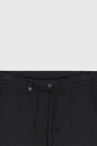 Men's Navy Wool Slim Fit Narrow Cut Tie at the Waist - 8