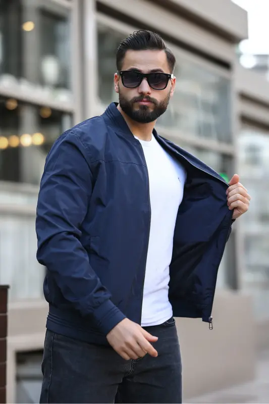 MEN'S NEW SEASON NAVY BLUE SEASONAL BOMBER JACKET-Navy blue fs - 2