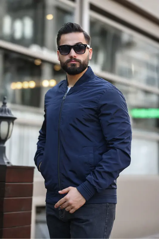 MEN'S NEW SEASON NAVY BLUE SEASONAL BOMBER JACKET-Navy blue fs - 4