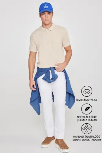 Men's No Shrink Cotton Fabric Slim Fit Narrow Cut Light Beige-White Non-Iron Polo Neck T-Shirt-A.BEJ - 2