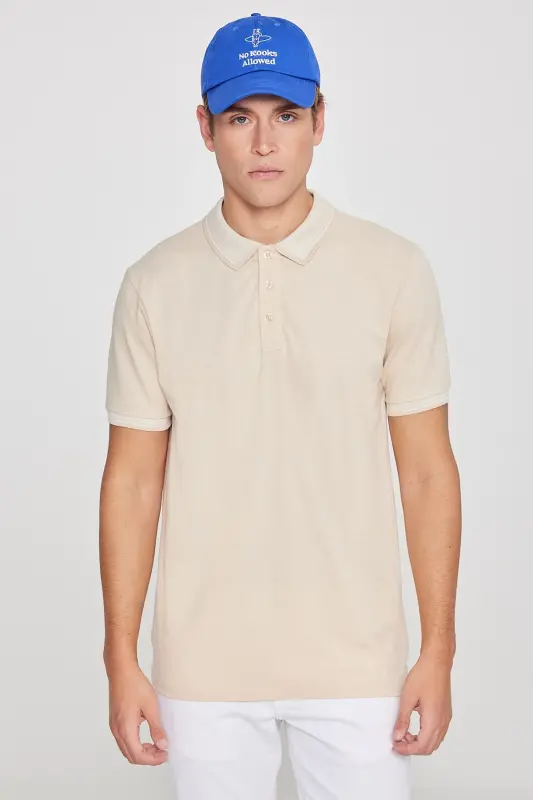 Men's No Shrink Cotton Fabric Slim Fit Narrow Cut Light Beige-White Non-Iron Polo Neck T-Shirt-A.BEJ - 4