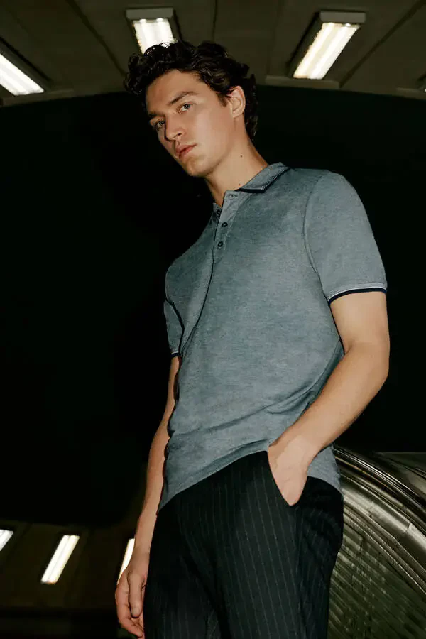 Men's No Shrink Cotton Fabric Slim Fit Narrow Cut Navy Non-Iron Polo Neck T-Shirt - 1