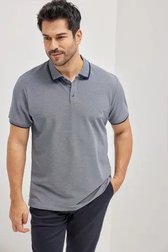 Men's No Shrink Cotton Fabric Slim Fit Narrow Cut Navy Non-Iron Polo Neck T-Shirt 