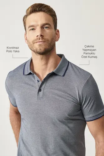 Men's No Shrink Cotton Fabric Slim Fit Narrow Cut Navy Non-Iron Polo Neck T-Shirt - 6