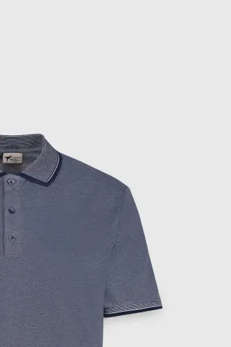 Men's No Shrink Cotton Fabric Slim Fit Narrow Cut Navy Non-Iron Polo Neck T-Shirt - 12