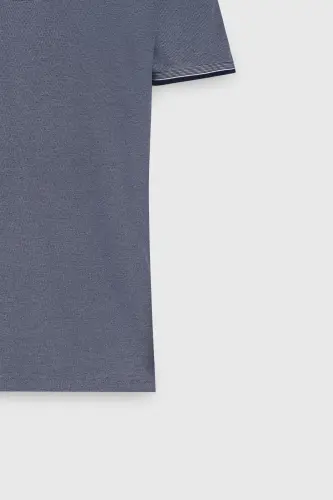 Men's No Shrink Cotton Fabric Slim Fit Narrow Cut Navy Non-Iron Polo Neck T-Shirt - 13