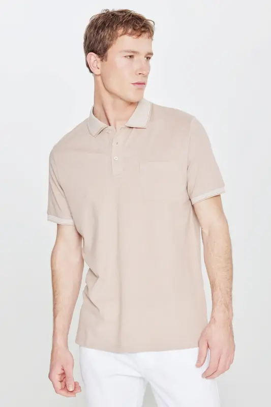 Men's Non-Iron Cotton Fabric Comfort Fit Relaxed Fit Beige-White Wrinkle-Resistant Polo Collar Pocketed T-Shirt-Beige - 2