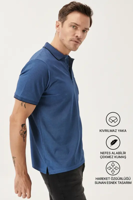 Men's Non-Iron Cotton Fabric Comfort Fit Relaxed Fit Navy-Indigo Wrinkle-Resistant Polo Collar Pocket T-Shirt-NAVY - 7
