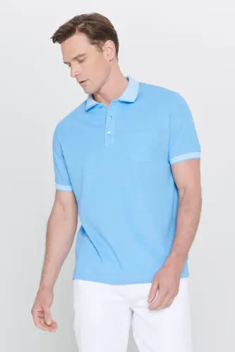 Men's Non-Iron Cotton Fabric Regular Fit Comfort Fit Blue Wrinkle-Resistant Polo Collar Pocketed T-Shirt-Blue 